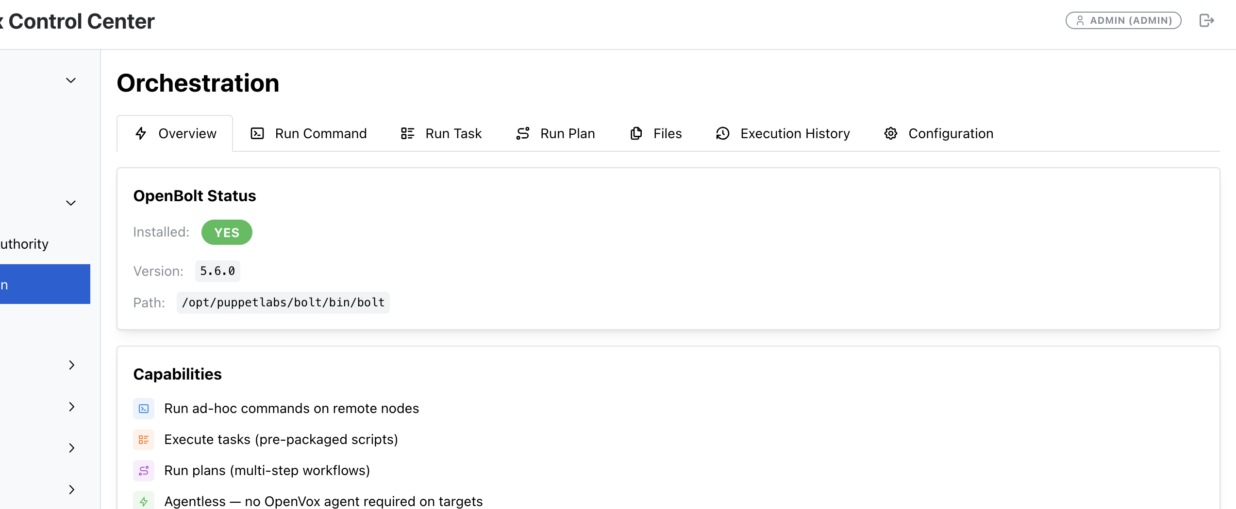 The OpenVox-GUI orchestration page, with OpenBolt installed and ready to run commands, tasks, and plans